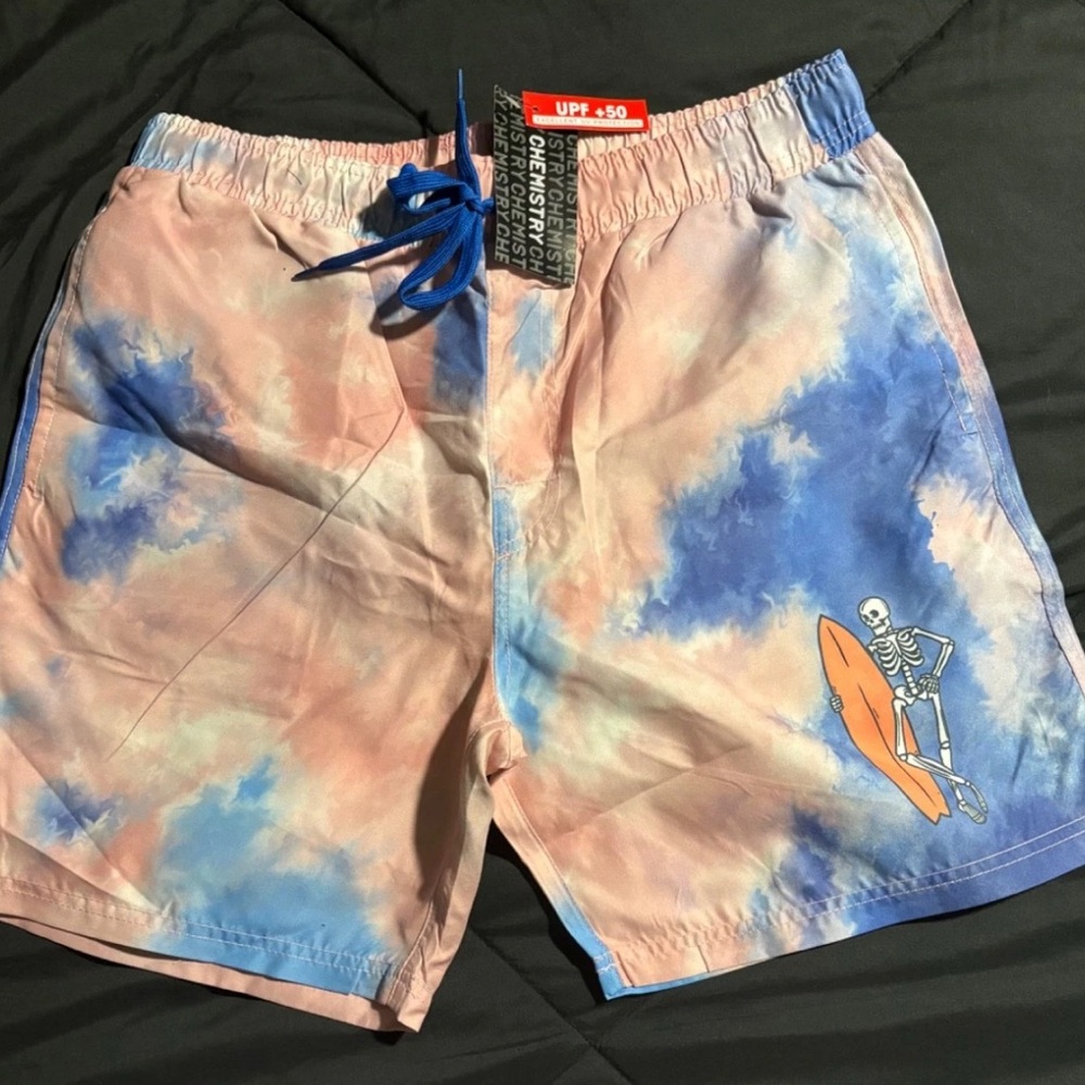 Chemistry Swim Shorts Pink Blue Tie Dye Skeleton Surfer Board UPF 50 - Picture 1 of 3